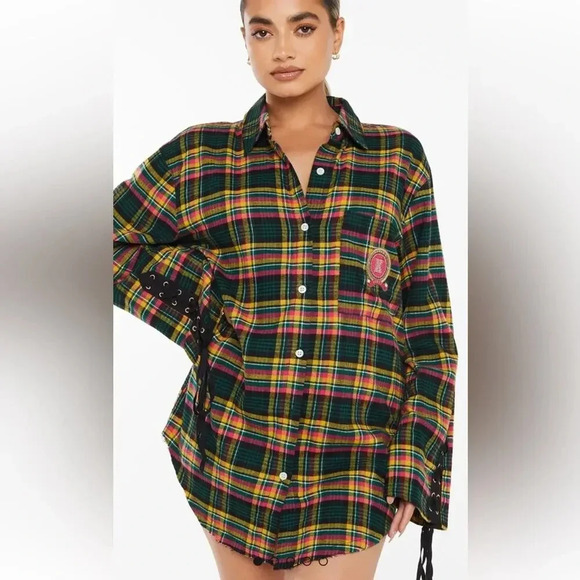 SAVAGE X FENTY Tied‎ Up Tartan PJ Raw Hem Sleep Shirt in Pink Canterbury Plaid - Picture 1 of 9